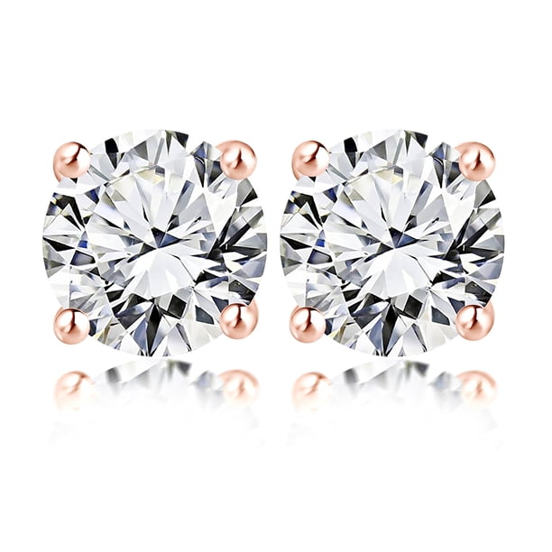 Pendientes de Botón Solitario JeenMata de 4 Puntas con Diamantes Redondos de 1 Quilate Chapado en Oro Rosa de 18 K sobre Plata