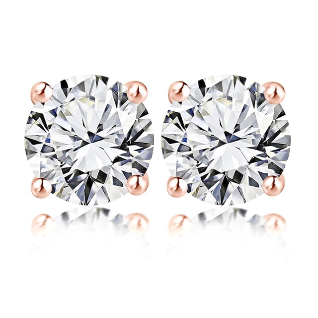 Pendientes de Botón Solitario JeenMata de 4 Puntas con Diamantes Redondos de 1 Quilate Chapado en Oro Rosa de 18 K sobre Plata