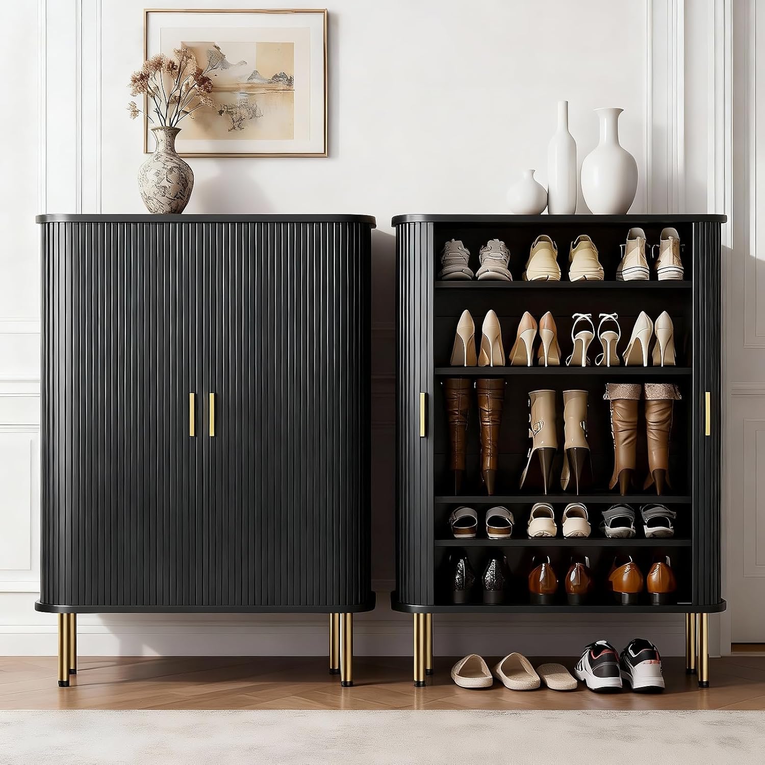 Shoe Storage Cabinet with Sliding Door, 6-Tier Shoe Cabinet with Adjustable Shelves, Mid-Century Modern Freestanding Shoe Storage Organizer for Entryway, Hallway, Living Room (Black)