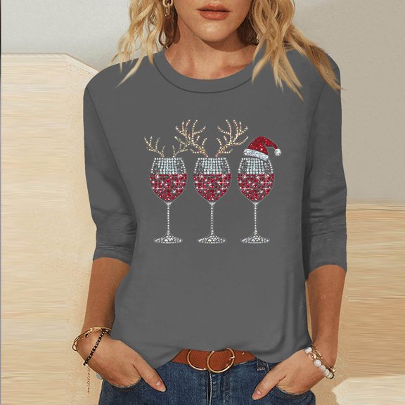 Mifsaly Christmas Shirt Women Xmas Red Wine Cups Loose 3/4 Sleeve T-Shirs 2025 Thanksgiving Dinner Tunic Pullover Tops Holiday Festival Party Blouse