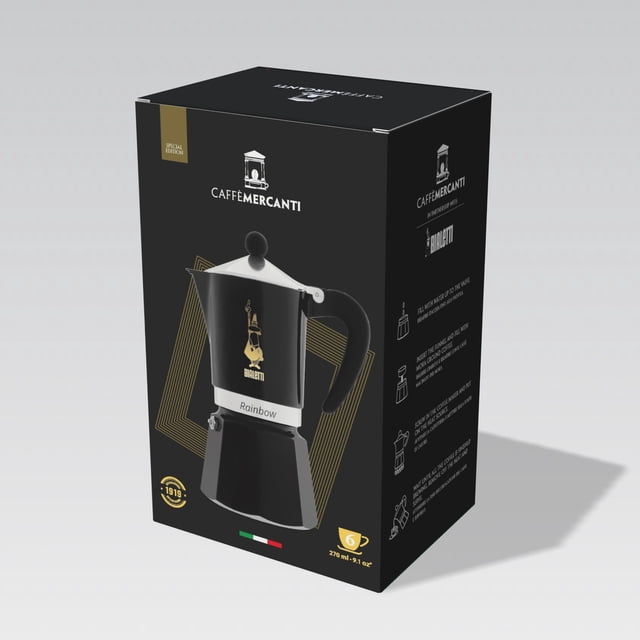 Olla para moka Stovetop Bialetti edición limitada Caffe Mercanti Black Oro, 6 tazas