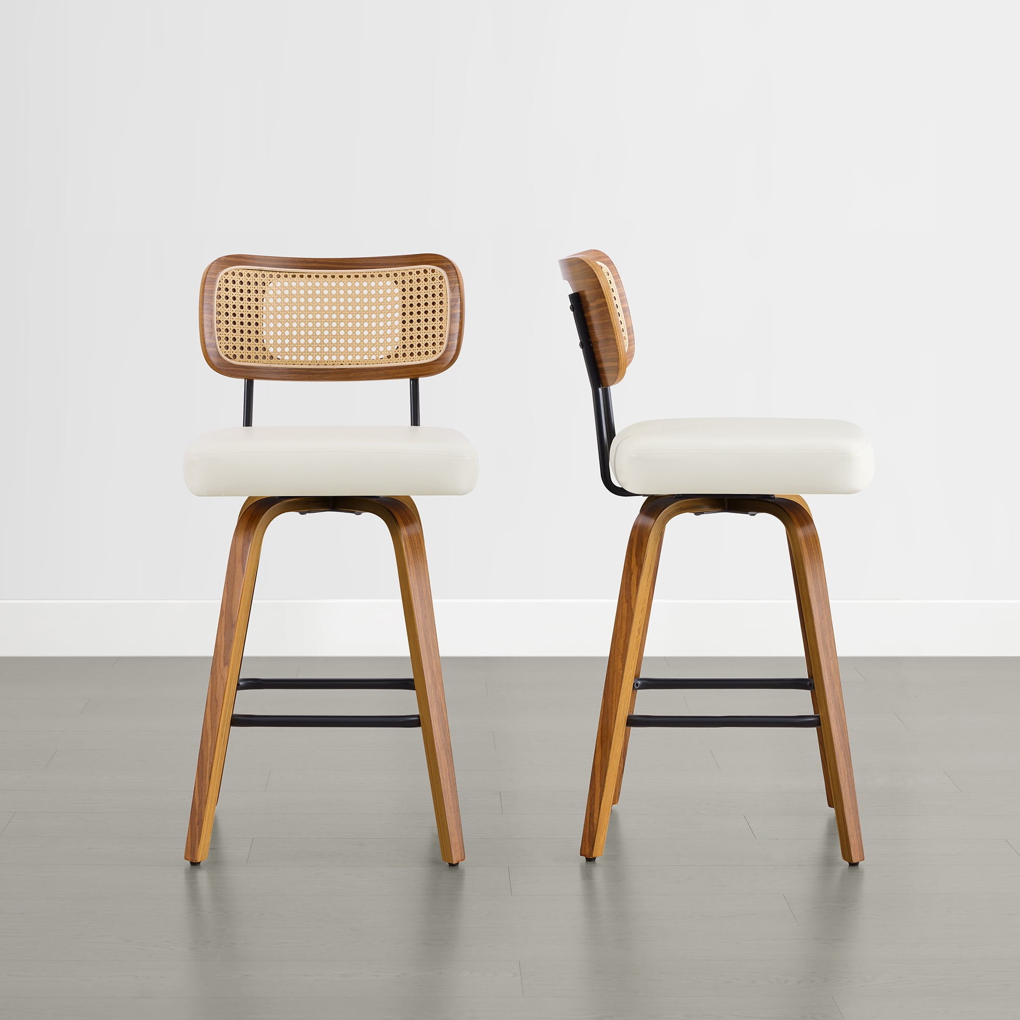 Spruce & Spring 26" Swivel Counter Bar Stool with Walnut Bentwood Frame Set of 2, PE Rattan Back, Ivory