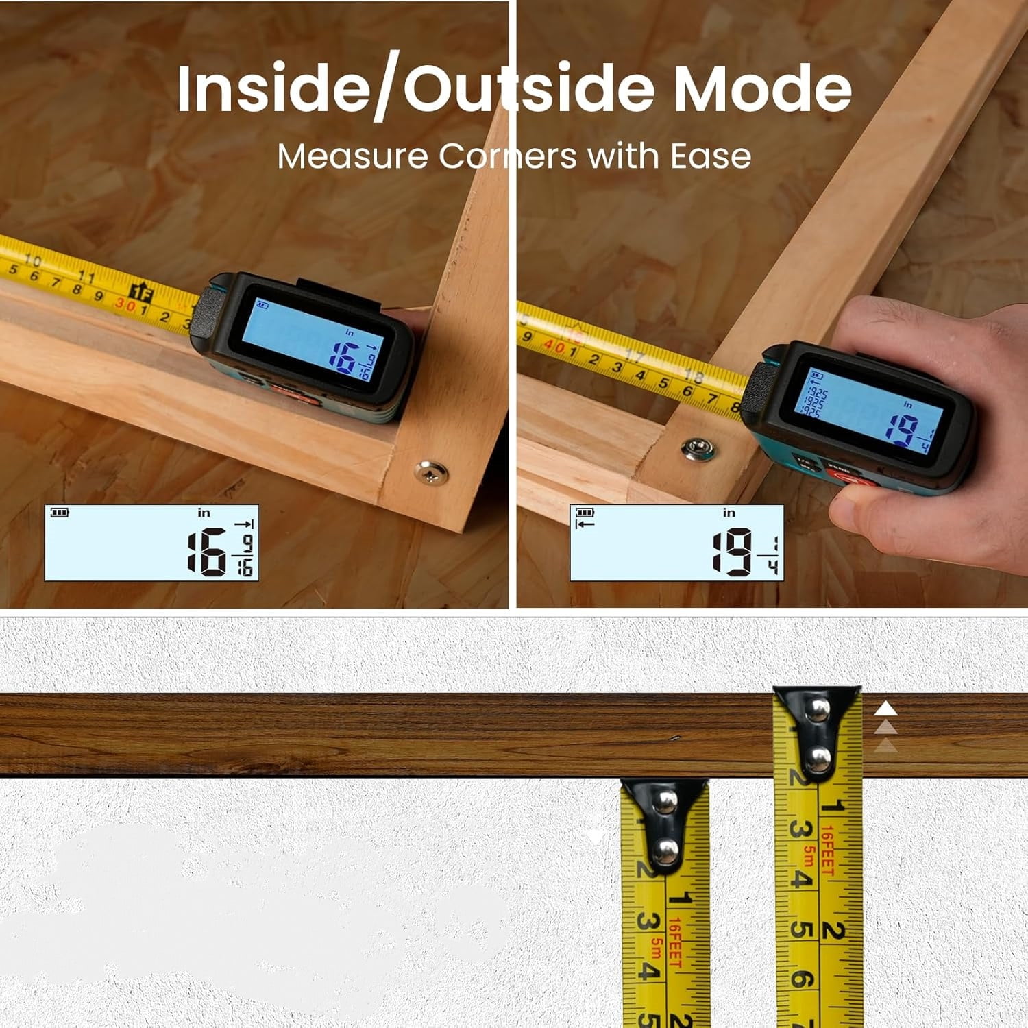 Digital Tape Measure 16 Ft - 6 Metric and Imperial Units, Easy Read Digital Measuring Tape Retractable with Fractions 1/16, Rechargeable Measurement Tool, for Distance/Area/Volume, Yellow