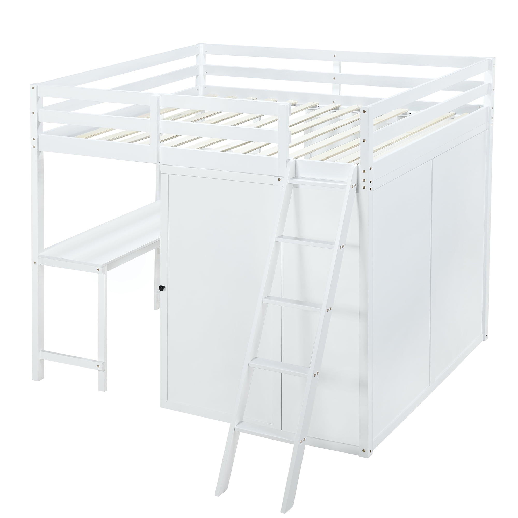 Aukfa Loft Bed with Wardrobe, Wood Full Size Loft Bed with Desk and Shelves for Kids Adults - White