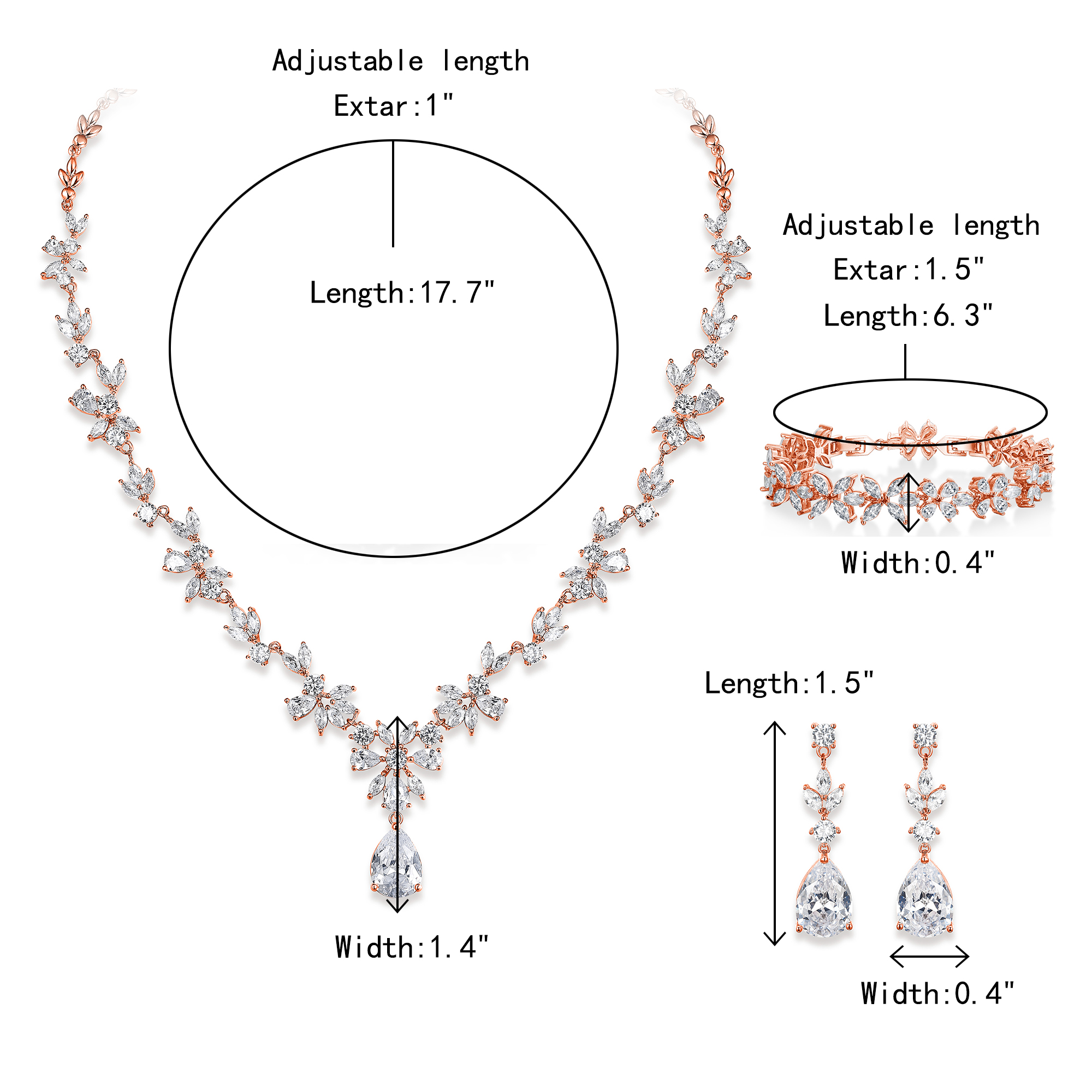 Wedure Bridal Jewelry Set for Bride Bridesmaid, Rose Gold Plated Flower Leaf White Cubic Zirconia Necklace Earrings Bracelet Set for Wedding Party - image 5 of 5