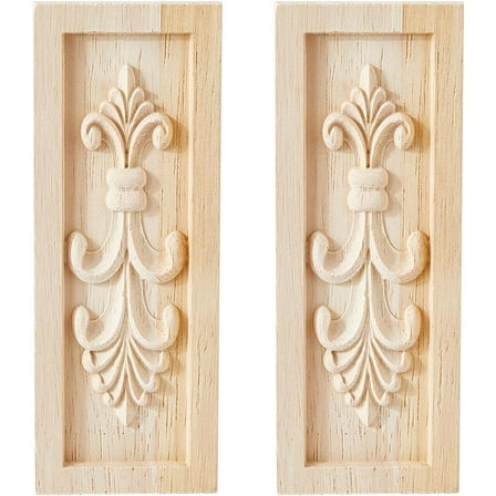 2PCS Rubber Wood Carved Onlay Applique Carving Decal Corner European Style Craft Center Flower Long Applique for Door Cabinet Bed Unpainted Decor 16x6cm