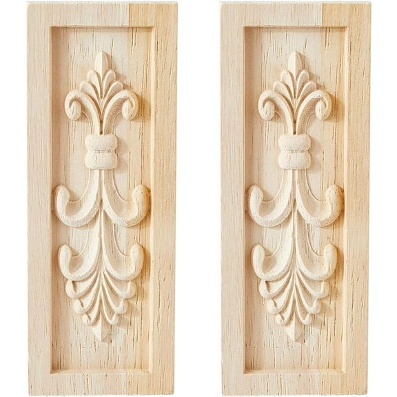 2PCS Rubber Wood Carved Onlay Applique Carving Decal Corner European Style Craft Center Flower Long Applique for Door Cabinet Bed Unpainted Decor 16x6cm