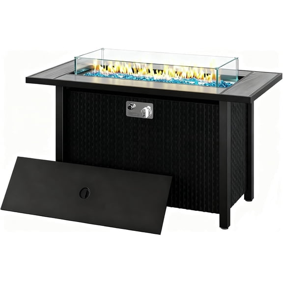 45 Inch Propane Fire Pit Table, 50,000 BTU Outdoor Gas Fire Pit for Patio & Backyard, 2-in-1 Firepit Dining Table with Glass Wind Guard, Blue Glass Rocks & Waterproof Cover