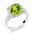 thumbnail image 2 of Gem Stone King 925 Sterling Silver Green Peridot & White Created Sapphire Engagement Ring for Women (3.00 Cttw, Cushion Checkerboard 8MM, Available in Size 5, 6, 7, 8, 9), 2 of 6