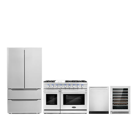 Cosmo 4 Piece Kitchen Appliance Packages with 48  Freestanding Gas Range 24  Built-in Integrated French Door Refrigerator & 48 Bottle Freestanding Wine Refrigerator Kitchen Appliance Bundles