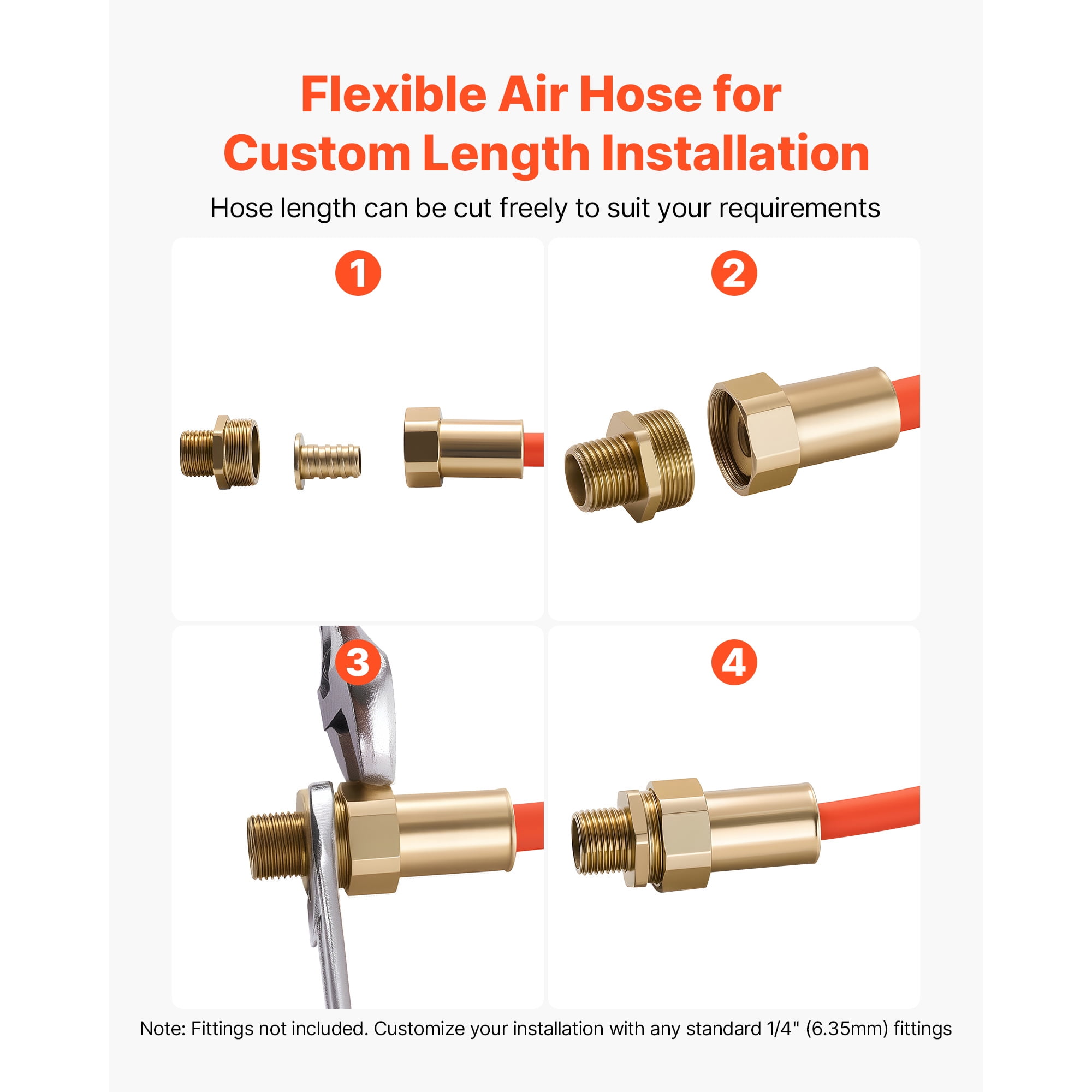 KFFKFF 1/4" x 250ft Hybrid Air Hose, Durable and Flexible Pneumatic Hose, Lightweight and Kink-Resistant Design for Automotive, Home, and Construction Use, 300 PSI, All-Weather Performance, Orange