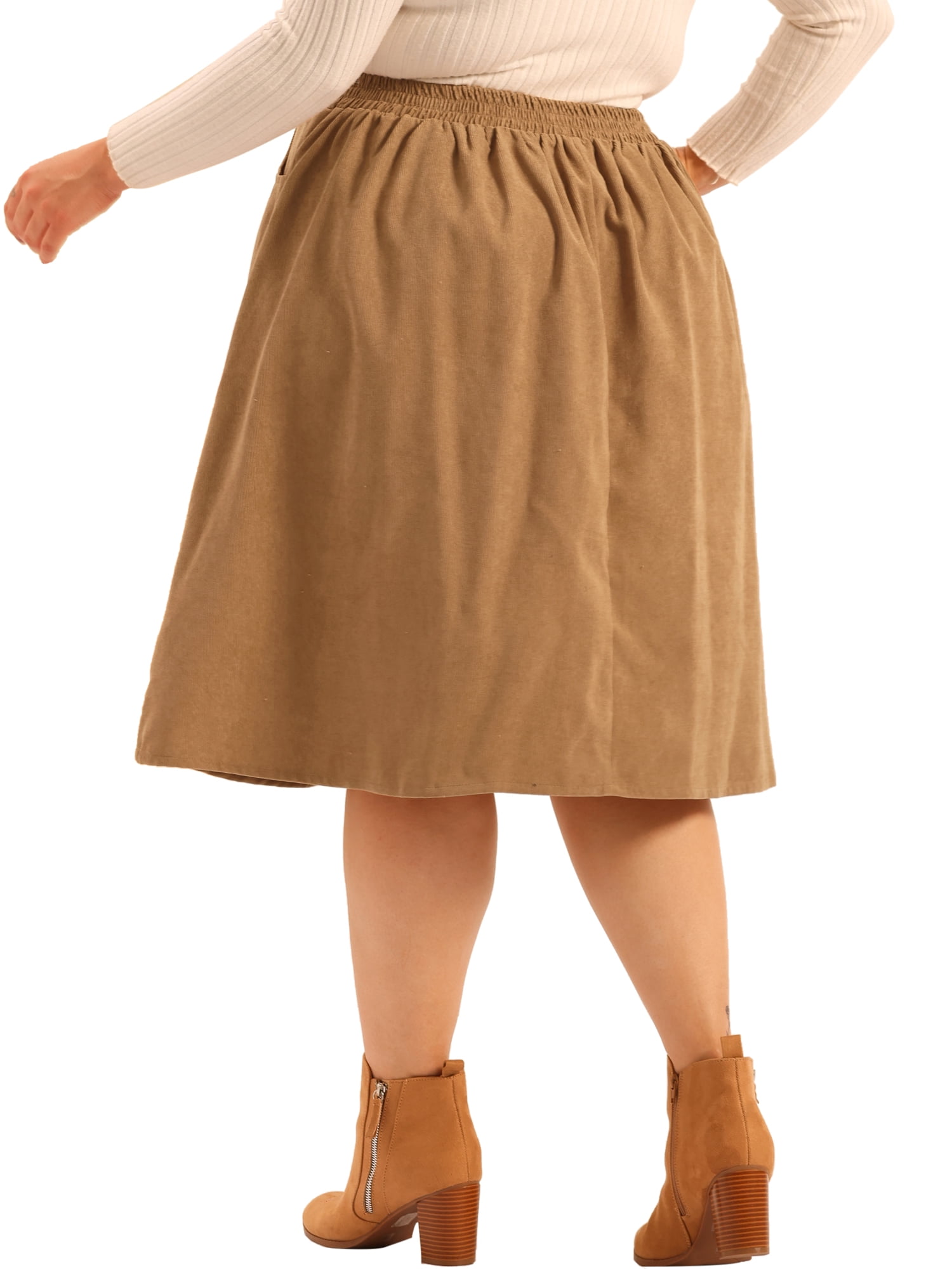 DARING DIVA Women's Plus Size Corduroy Elastic High A Line Midi Skirts 1X Khaki