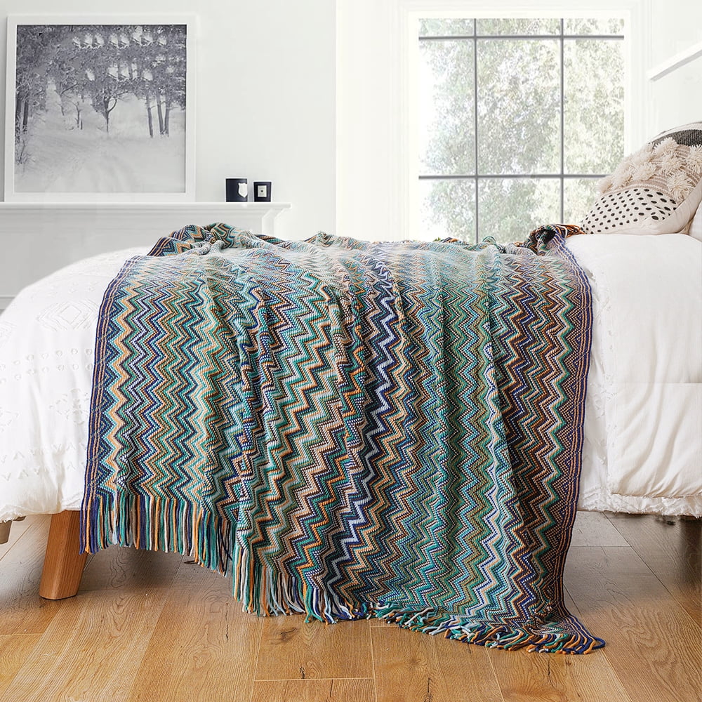 Battilo Blue Boho Throw Blanket,Cozy Knit Teal Blanket with Tassel,Lightweight Afghan Blanket, 50"x60"