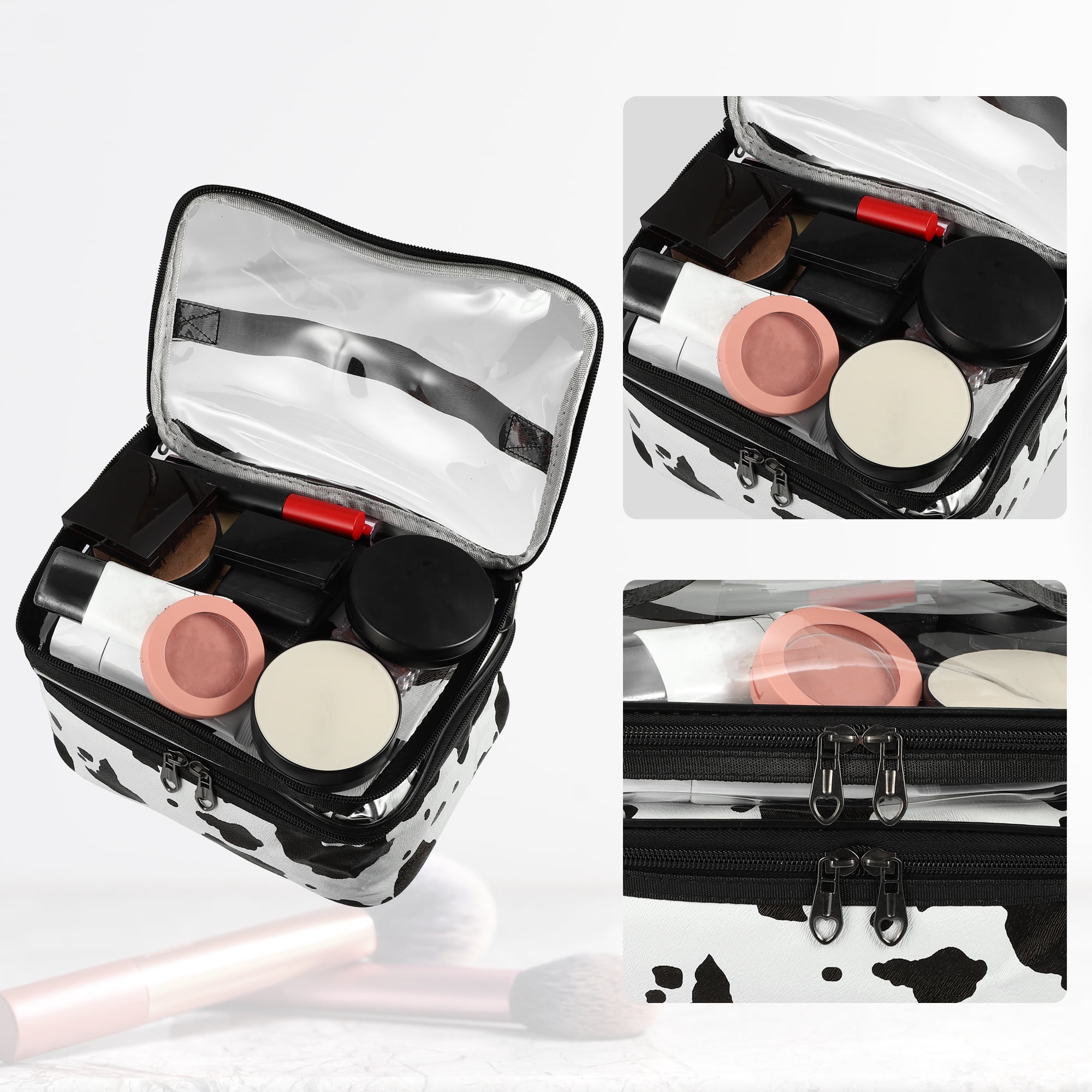 Unique Bargains Double Layer Makeup Bag Cosmetic Bags Organizer Bag Cows Texture White