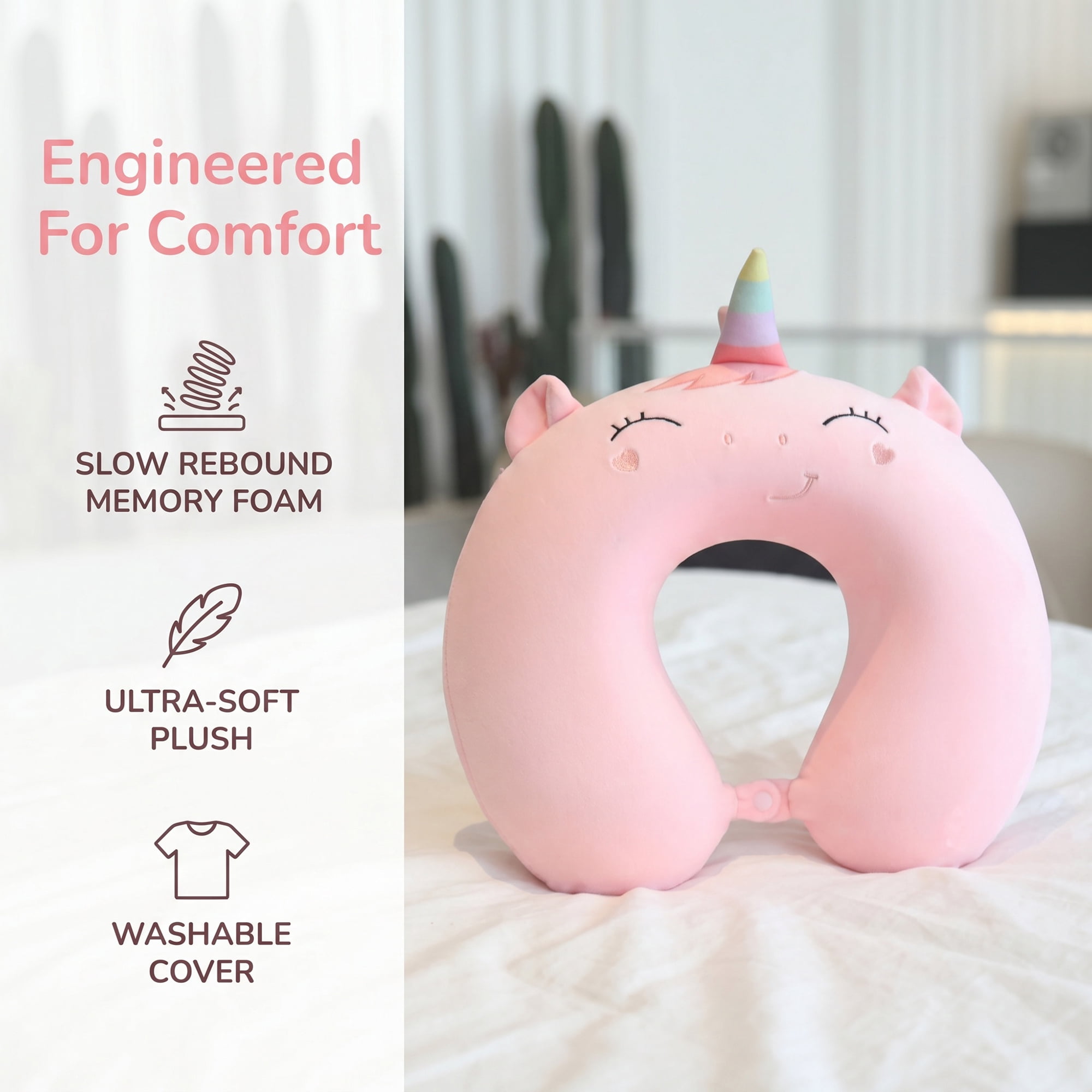 Unique Bargains Memory Foam Neck Pillow U Shape Snap Closure Head Rest Pink 12"x12"