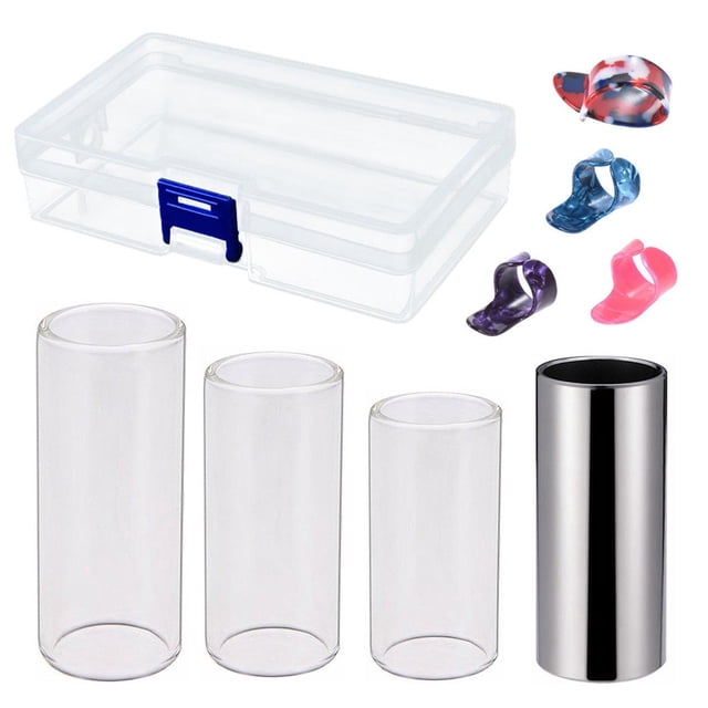 Guitar Pick Kit Glass Stainless Steel Guitar Slides Guitar Picks Celluloid Thumb Finger Picks with Storage Case