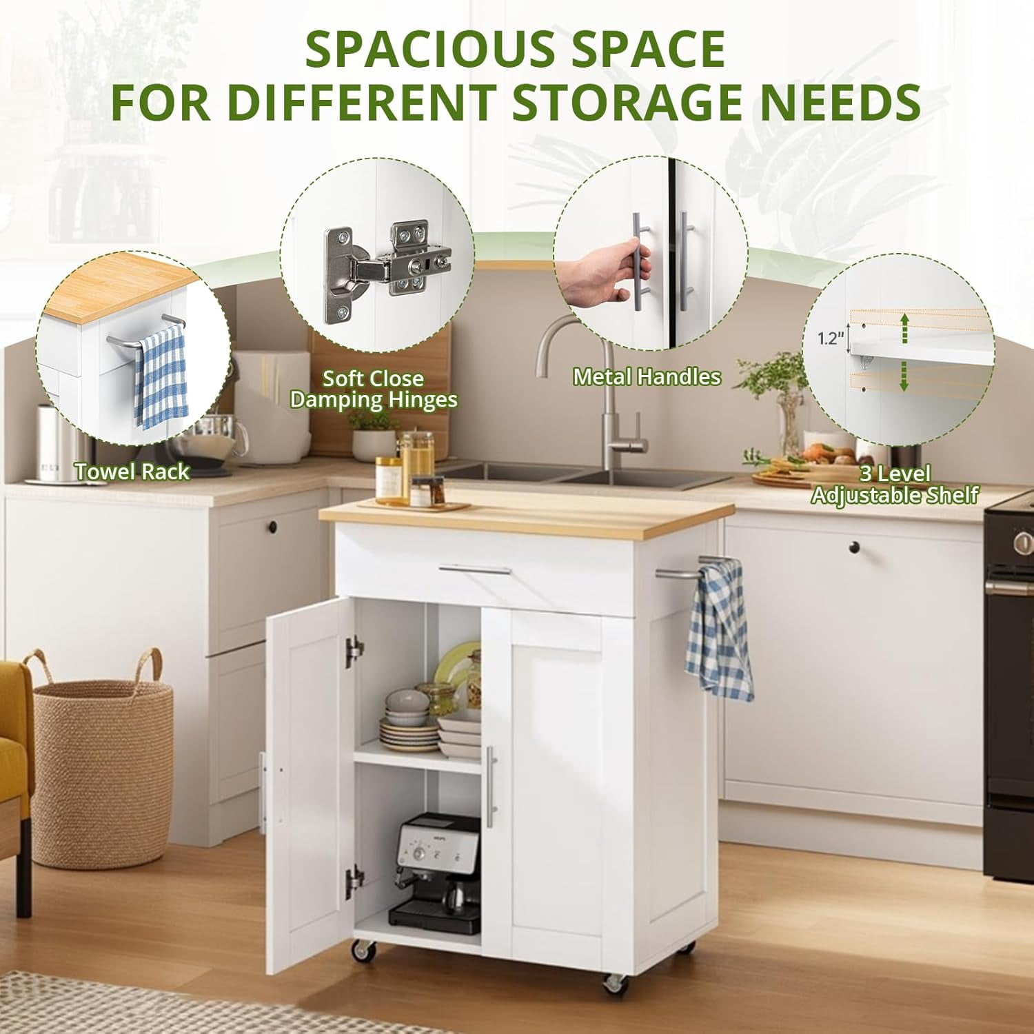 Kitchen Island Cart with Storage, Small Kitchen Island on Wheels with Large Drawer, Adjustable Shelf & Towel Rack, Rolling Island Table for Kitchen & Dining Room, White