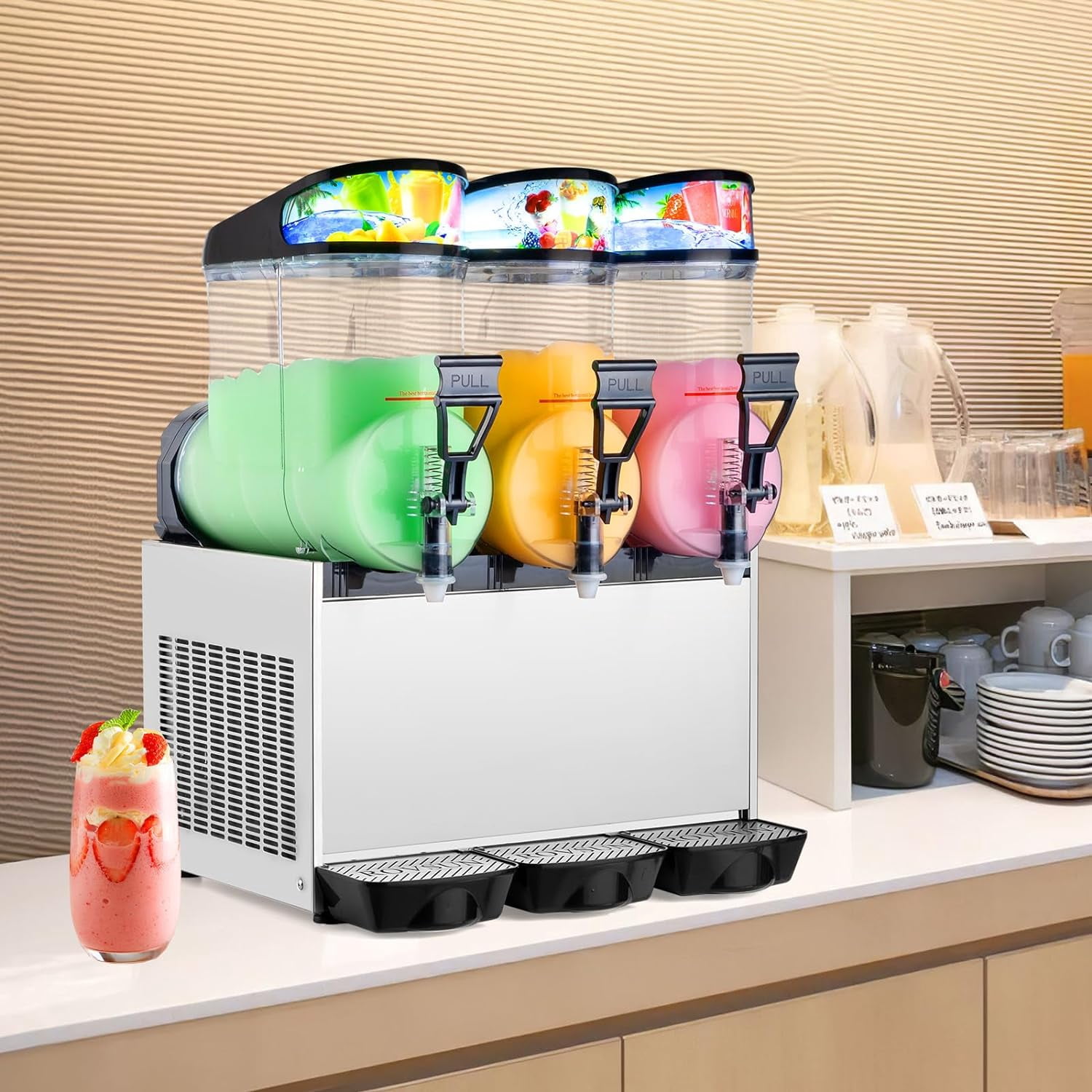 ROVSUN 12 Gal/45L Slushie Machine, 15L X 3 Tanks Commercial Slushy Machine Slush and Juice Modes, Margarita Machine Frozen Drink Maker Stainless Steel for Home Restaurant Bar Party 110V/60HZ