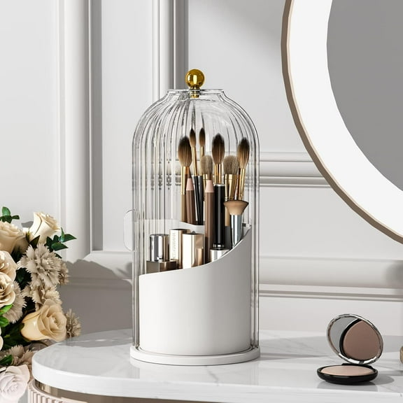 Makeup Brush Holder,360°Rotating Makeup Organizer,Makeup Brush Holder With Lid Suitable For Dressing Tables And Bathroom Countertops Makeup Brush Storage