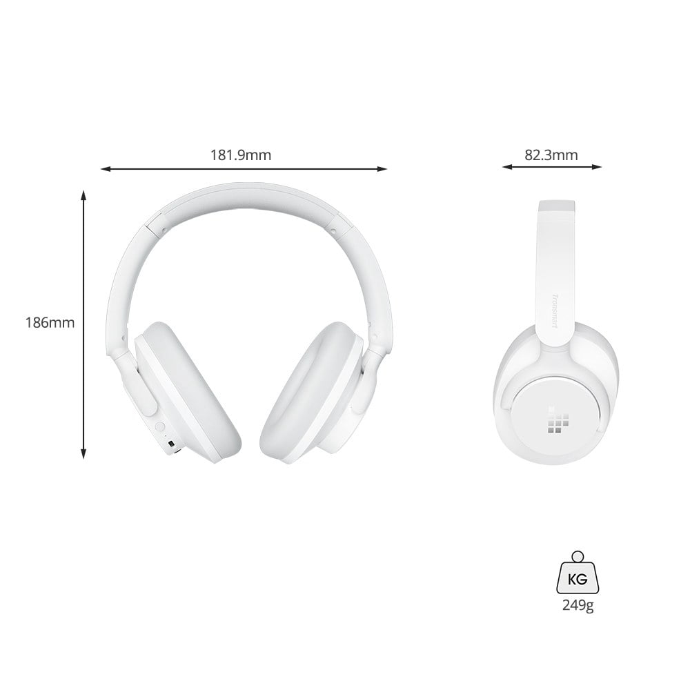 Hybrid ANC Headphones SOUNFII Q20S , Bluetooth 5.3, Hybrid Active Noise Cancellation, 60 Hours Playtime, Hi-Res Audio, 90° Swiveling Earpads, Pair with 2 Devices, App Control - White Tronsmart