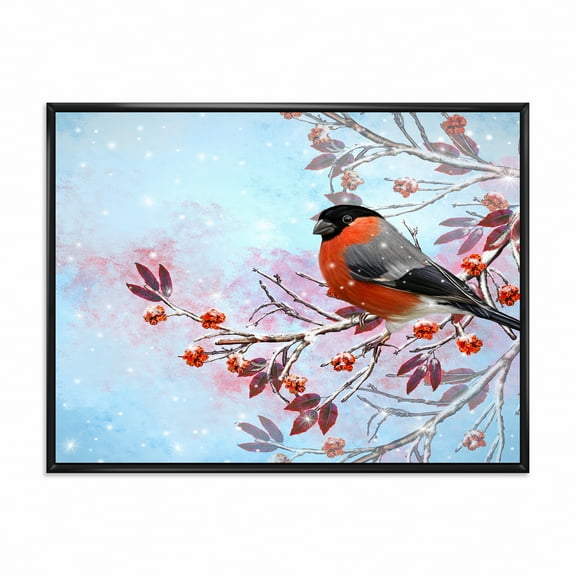 Designart 'A Bright Bullfinch Bird Sitting On A Branch' Traditional Framed Canvas Wall Art Print
