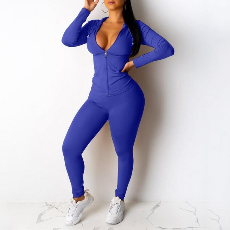 JDEFEG Womens Hiking Clothes Ladies Zip Hooded Two Piece Activewear Long  Sleeve Top and Casual Pants Set Pencil Suit Pants for Women Polyester Blue  Xl