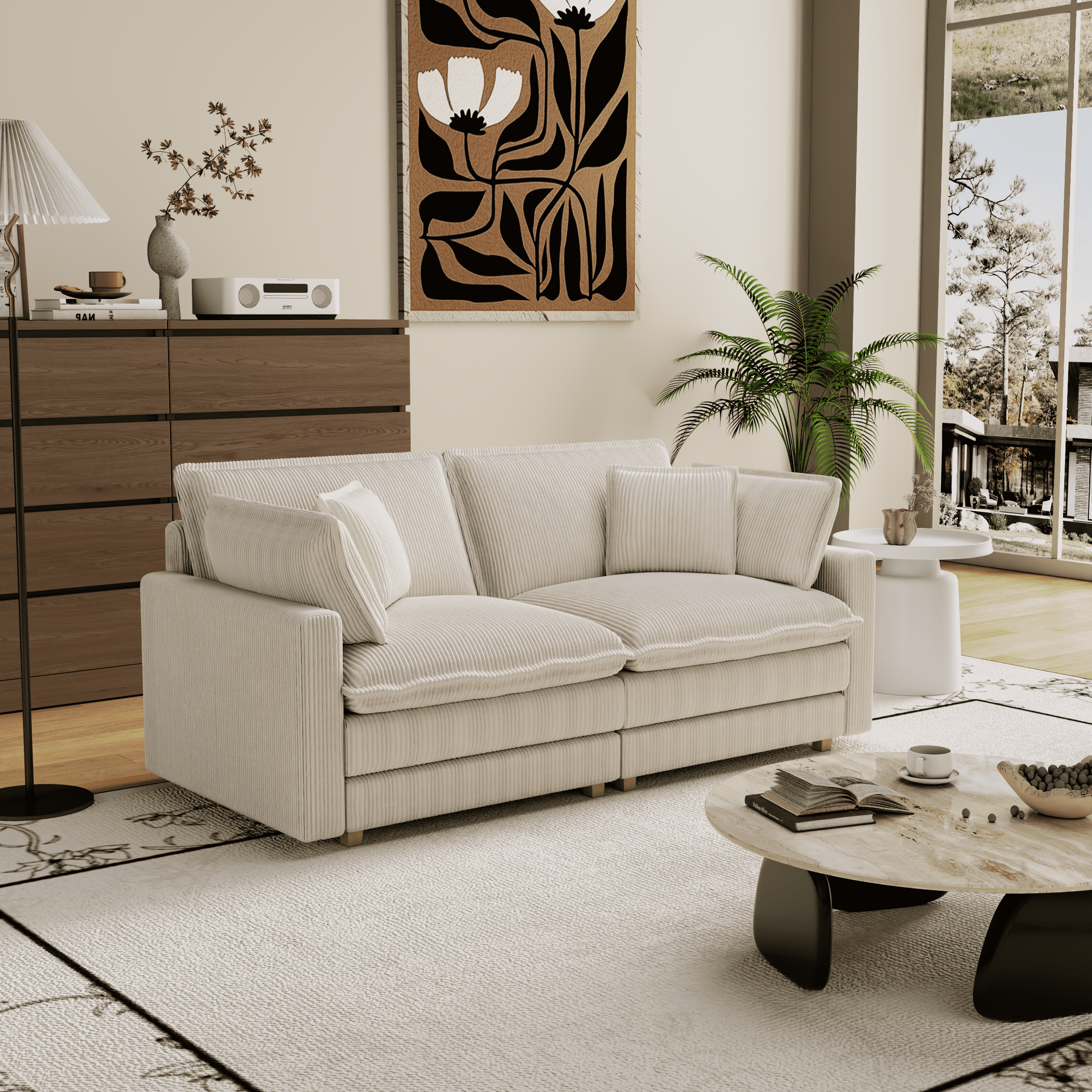 MAYEERTY Modular L-Shaped Deep Seat Sectional Sofa with 4 Pillows for Living Room (Beige)