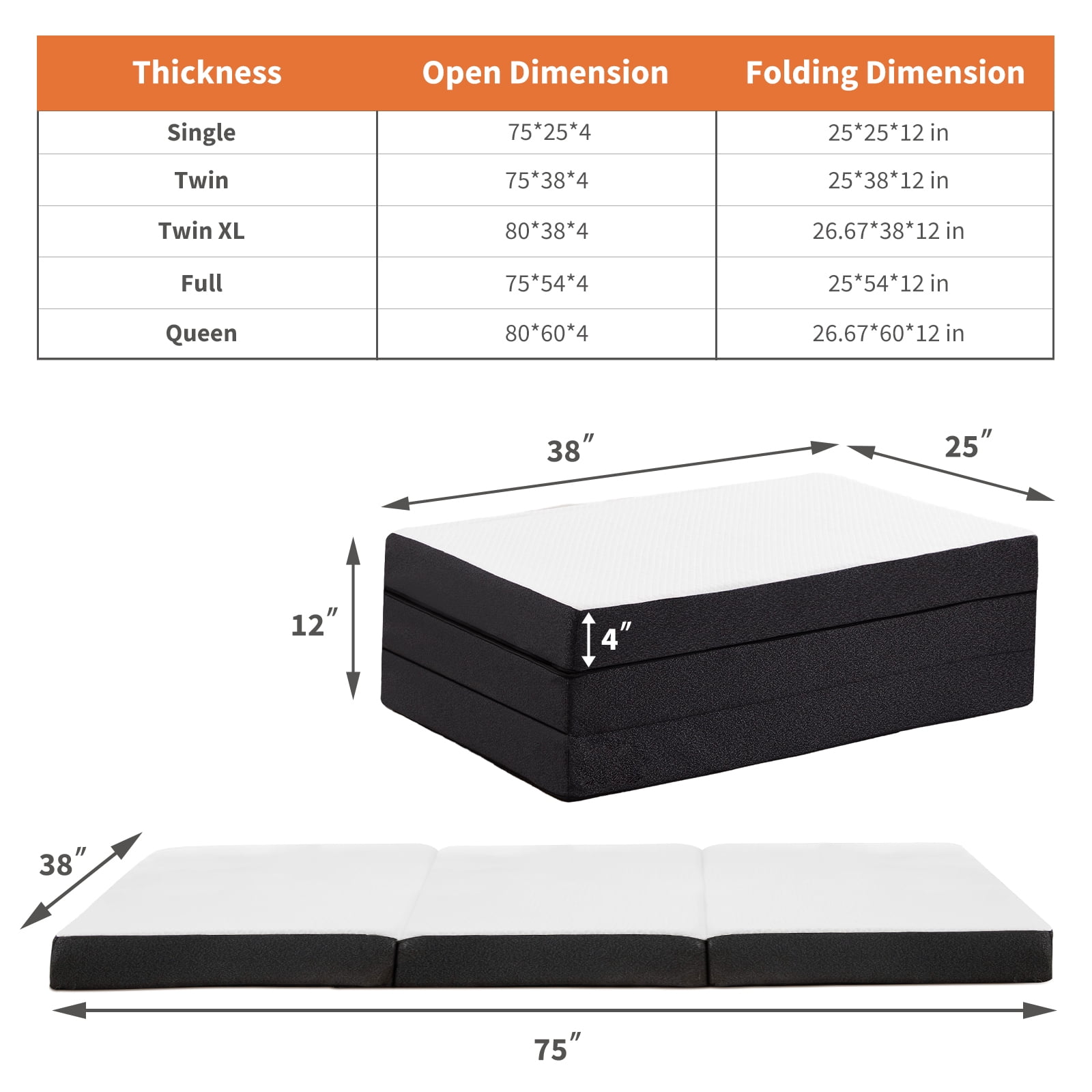 ROSVOVO 4-Inch Twin Size Tri-Fold Memory Foam Mattress, Portable Floor Bed | CertiPUR-US Certified | Washable Cover for Guest, Travel, Camping & Yoga