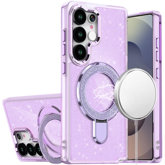For Samsung s25 Ultra Transparent Glitter Rotaional Magnetic Ring Stand HQ Hybrid - Light Purple