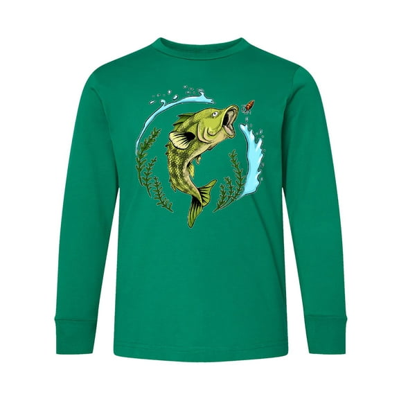 Inktastic Leaping Bass Fish Fishing Illustration Long Sleeve Youth T-Shirt