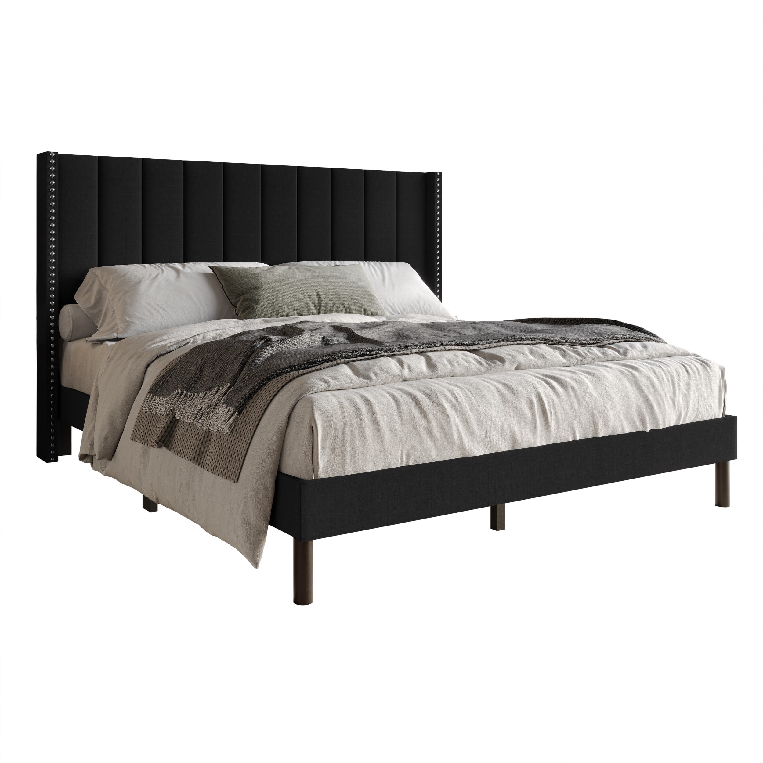 Home Design Odessa Full Linen Upholstered Wingback Panel Bed Frame with Vertical Channel Tufting & Nailhead Trim, Black, Easy Assembly