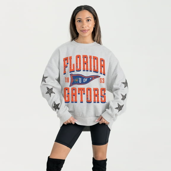 Women's Gameday Couture Ash Florida Gators Oversized Pennant Pride Rhinestone Star Sleeve Sweatshirt