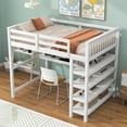 thumbnail image 3 of Full Size Loft Bed, Wood Loft Bed with Desk, Bed Frame with 4 Storage Shelves and Full-Length Guardrail, Loft Bed for Boys and Girls Bedroom, White, 3 of 7