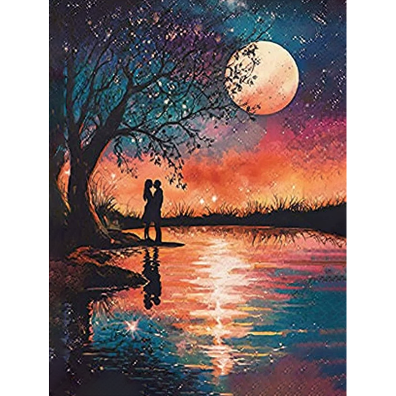 Romantic Couple Silhouette Moon Lake Canvas Painting,Suitable for Living Room,Bedroom,Bathroom,Office,and Hallway Decoration.