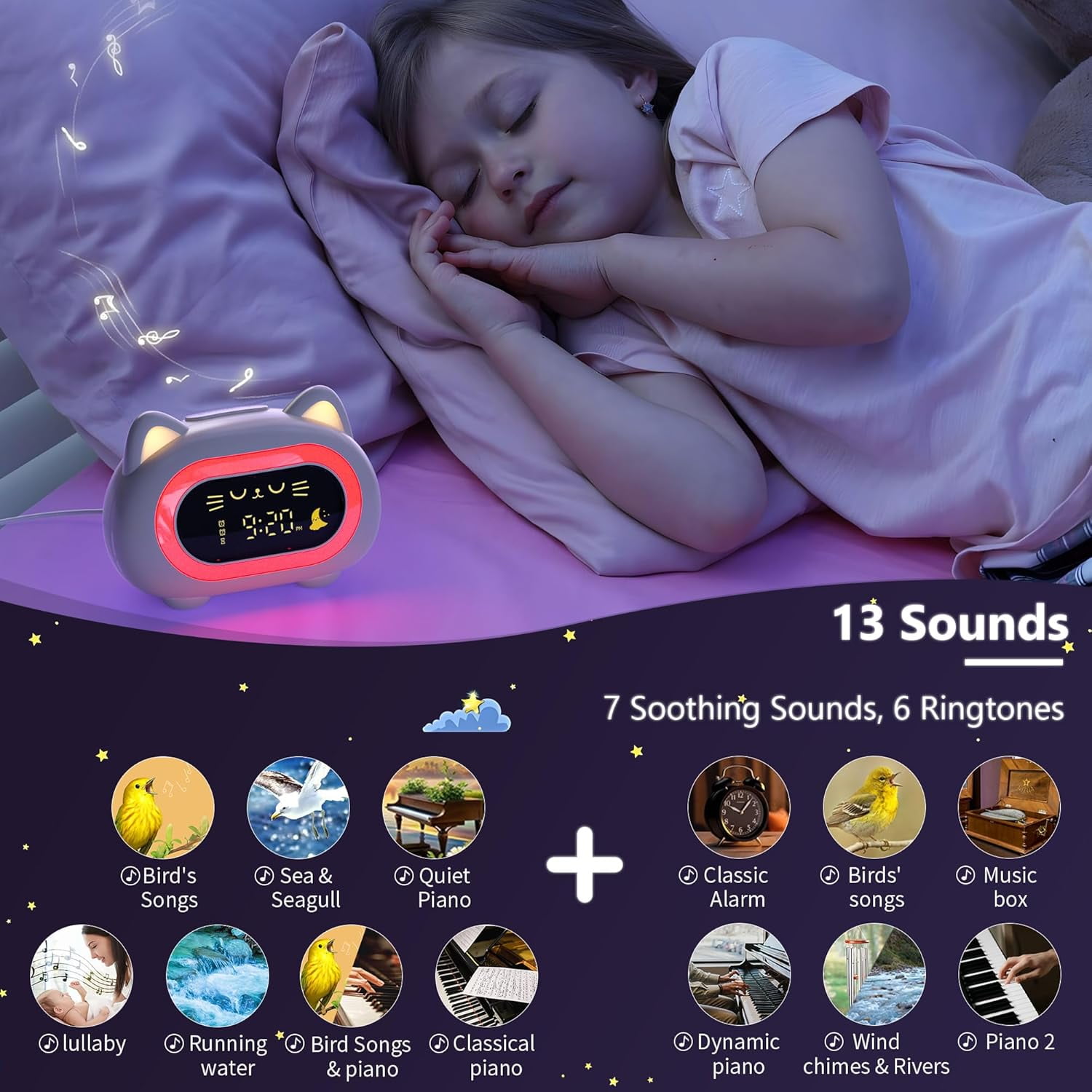 Hansang Alarm Clock for Kids with Sleep Training 3 levels of brightness and 10 night light modes, Ok to Wake Clock with snooze mode and white noise for Boys and Girls