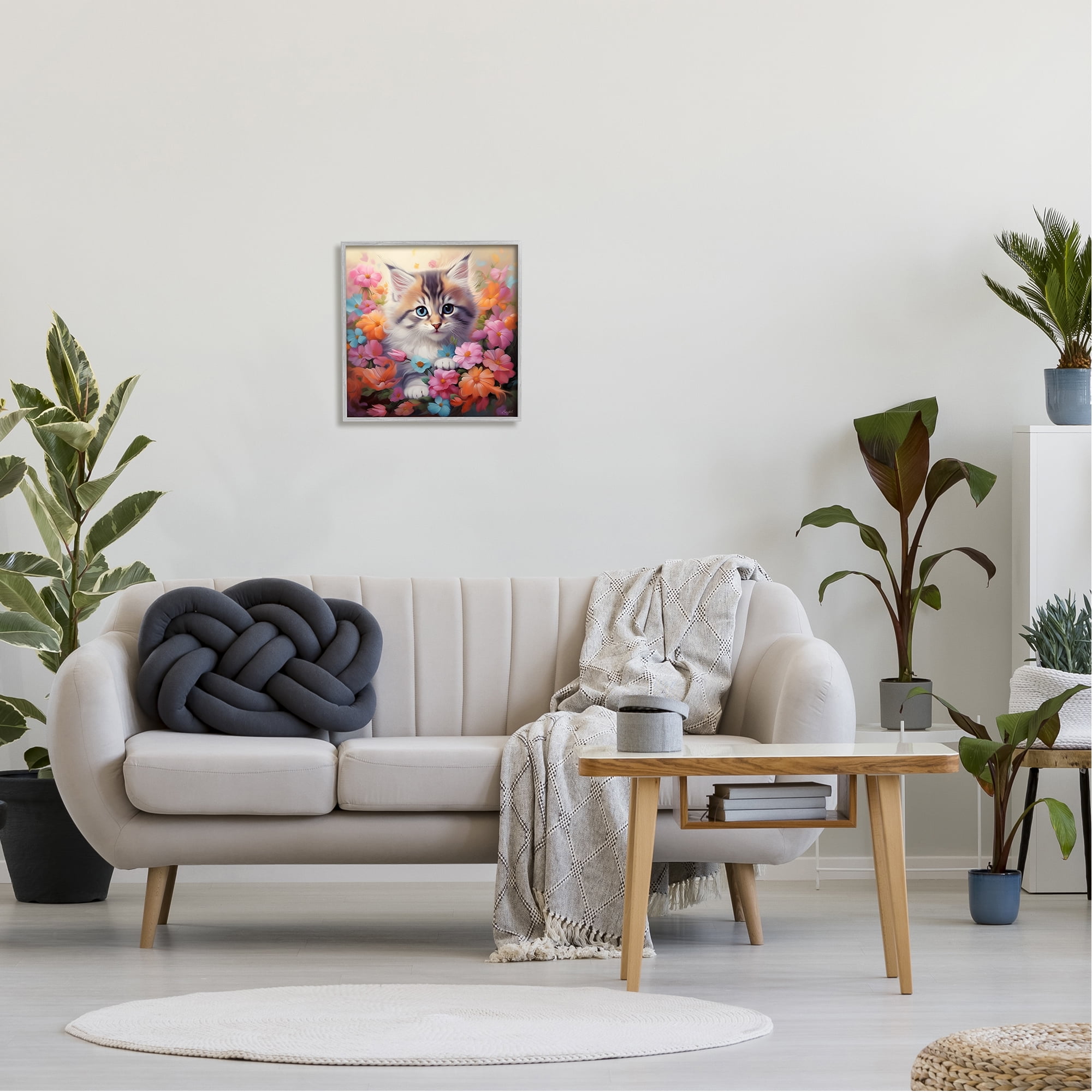 Stupell Industries Kitten in Flower Meadow Animals & Insects Painting Gray Framed Art Print Wall Art, 17 x 17