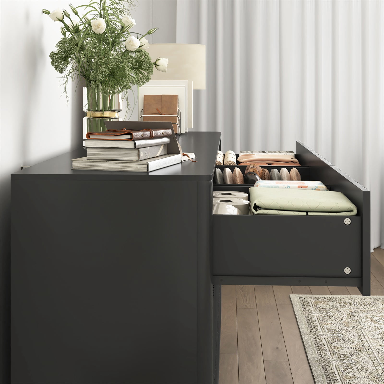 Hommoo Modern 9-Drawer Wood Dresser, Fluted Chest of Drawers, Multifunctional Storage Cabinet Credenza Side Table, Black