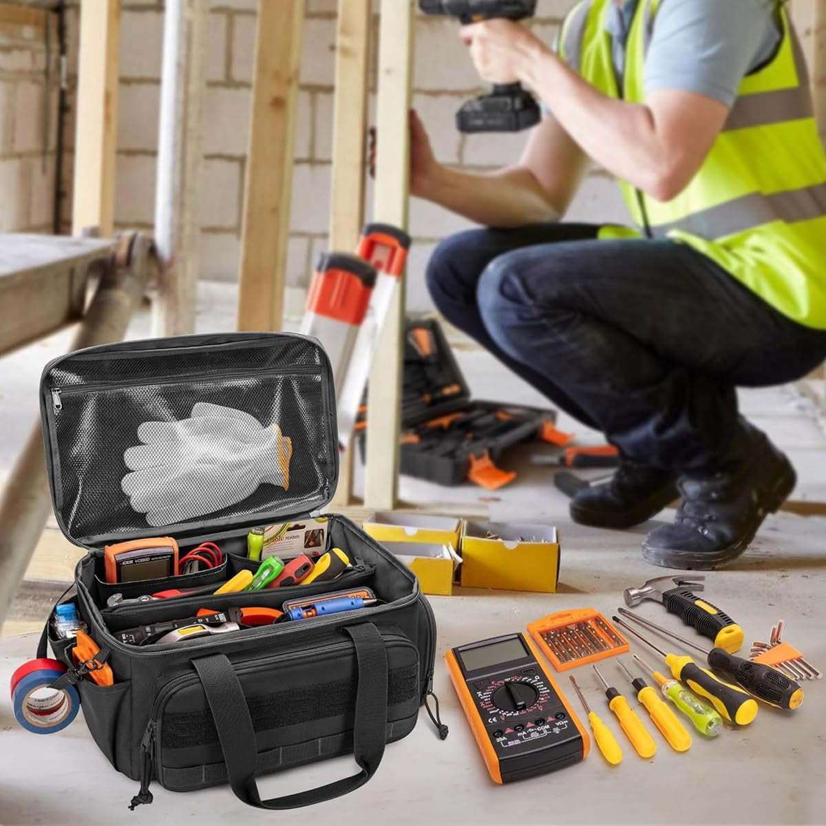 14-Inch Heavy-Duty Canvas Tool Bag, Large Wide-Mouth Utility Tote with Ergonomic Handle, Adjustable Shoulder Strap, Perfect for Electricians, Plumbers, Handymen