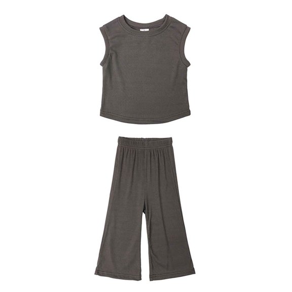 HAOTAGS Girl's Solid Color Two-Piece Tank Top Set Round Neck Sleeveless T-Shirt And Pants Set Dark Gray Size 3-4T
