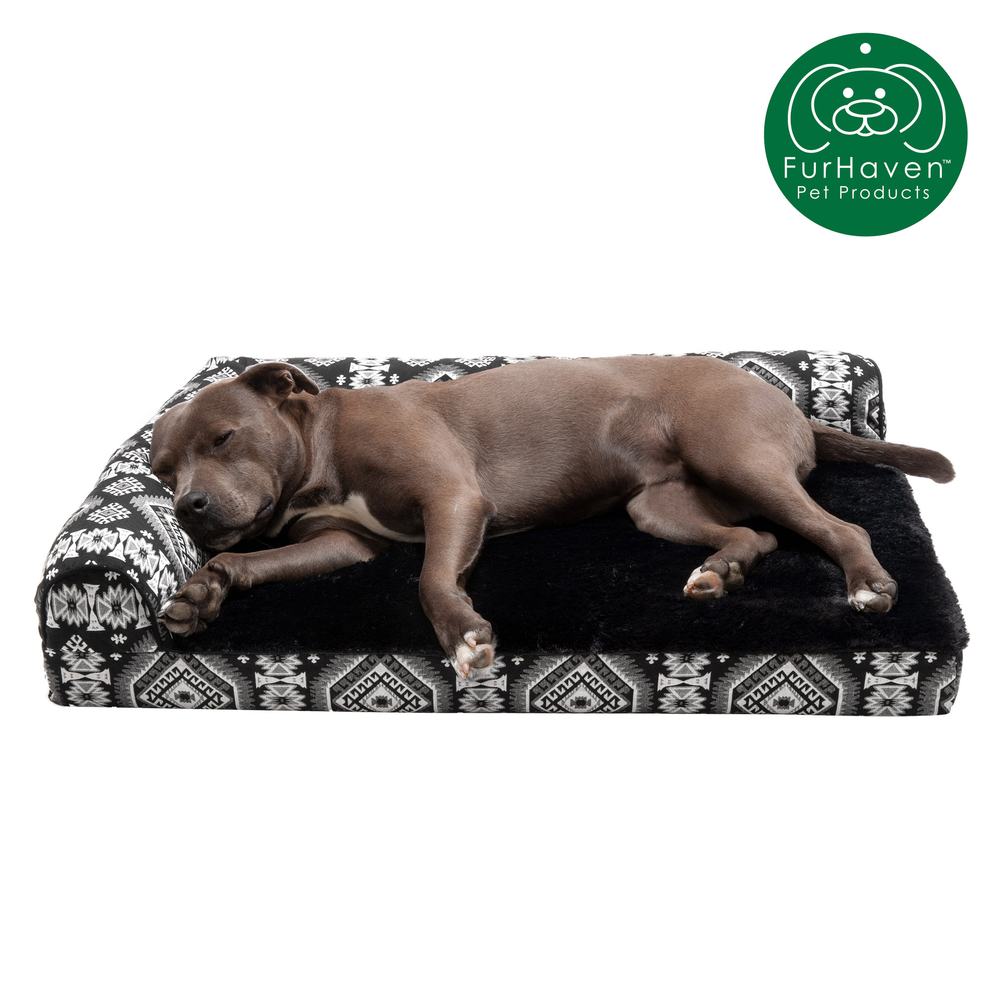 FurHaven Pet Products Southwest Kilim Orthopedic Deluxe Chaise Lounge Pet Bed for Dogs & Cats - Black Medallion, Large