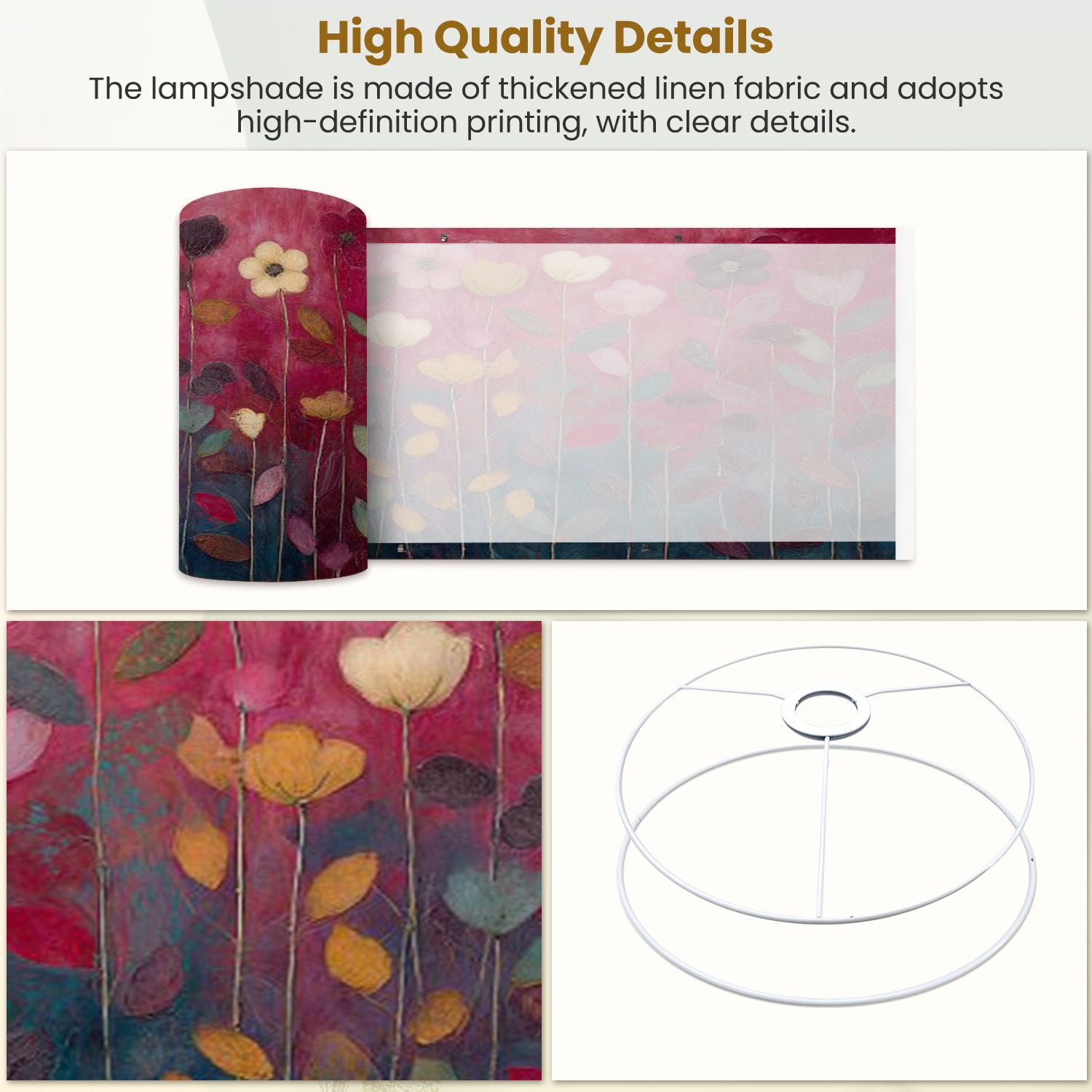 Linen Drum Lampshades Red Floral Burgundy Leaf Vintage Boho Flower Colorful Flowers 13"x13"x10" Light Shade for Table Lamps Floor Lamps Drum Lamp Shades Lampshade Replacement Assembly Required