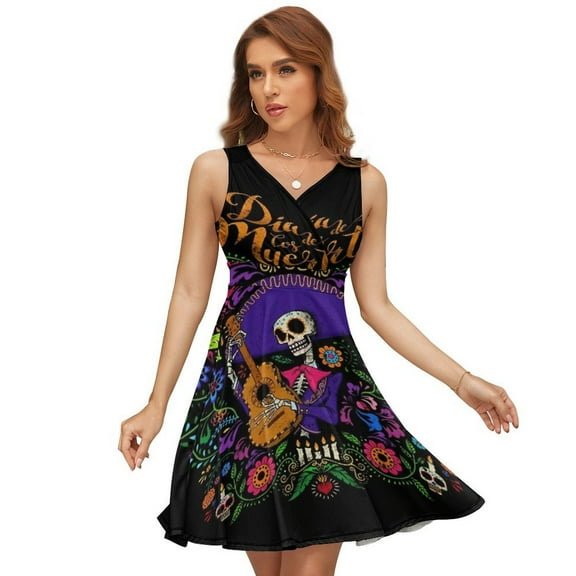 DIA DE LOS MUERTOS Mexico Women's Tank Dress V Neck Sleeveless Summer Sundress