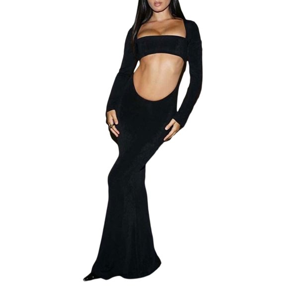 Licupiee Women Hollow Bodycon Dress Solid LowCut Long Sleeve Backless Show Belly Square Neck Fishtail Long Cocktail Dress