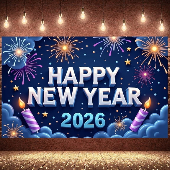 Firework Design Happy New Year Banner Star Pattern New Year Display Candle Colorful Style 2026 Backdrop for New Year Party Holiday Celebration Indoor Decoration