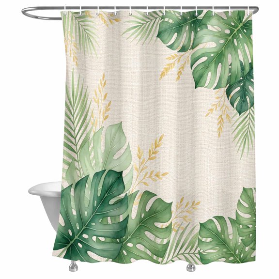 Summer Monstera Palm Leaves Shower Curtain, Rustic Boho Green Botanical Linen Texture Lightweight Waterproof Fabric Shower Curtain with Rustproof Grommets for Bathroom Bathtub 36x78in