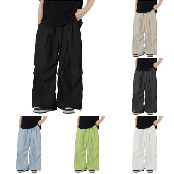 Krdevn Boys Solid Drawstring Wide Leg Parachute Pants Fall Summer Lightweight Windbreaker Trousers with Pockets 6-7 Years,Black