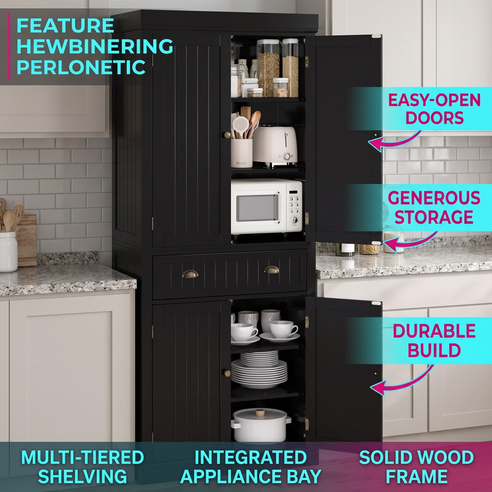 Furnibear Freestanding Tall Kitchen Pantry Cabinet with 4 Doors and Adjustable Shelves and Center Drawer for Kitchen Storage, Black