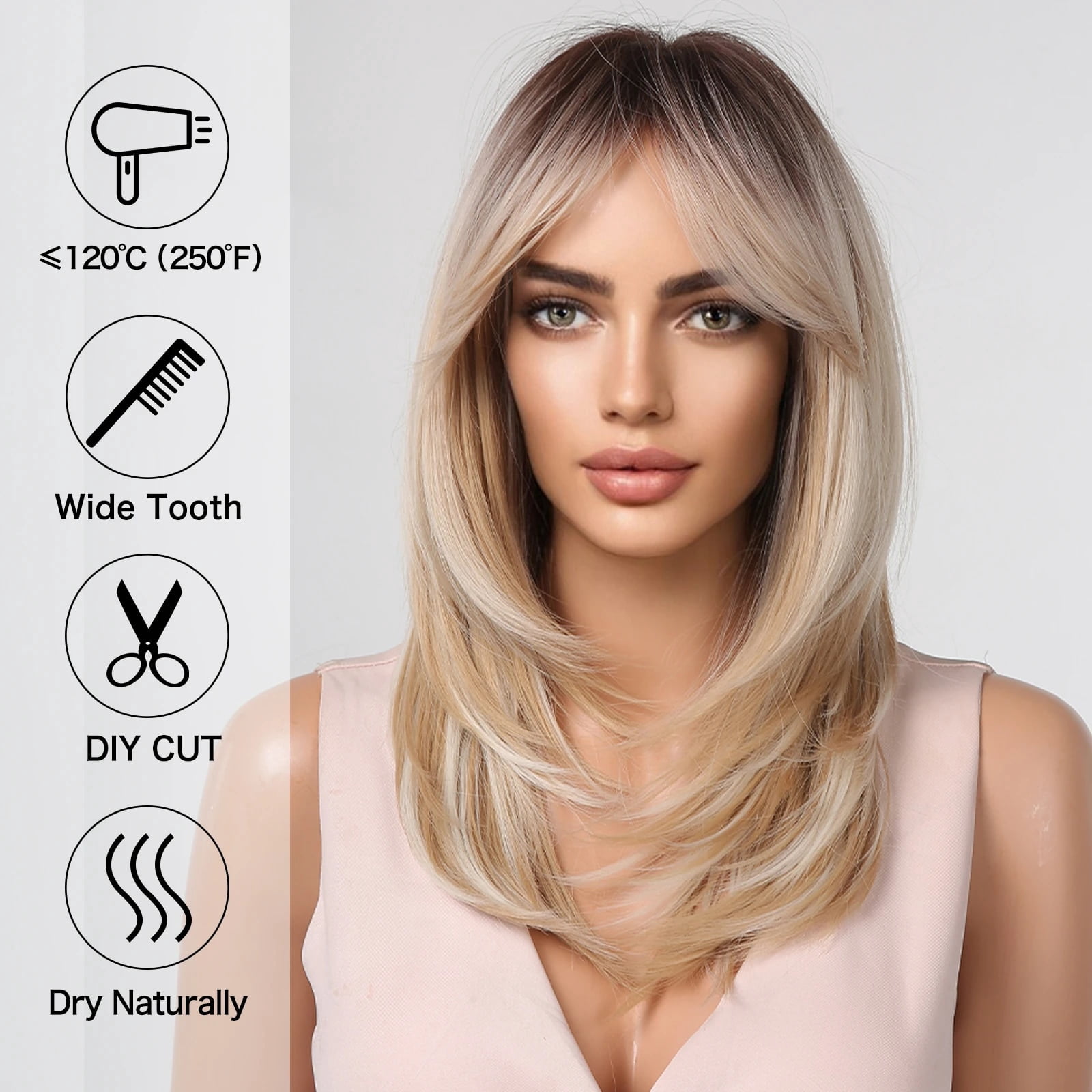 SUCS Long Blonde Wigs for Women Synthetic Hair Wig with Fringe Ombre Color with Dark Roots Layered Wigs Heat Resistant