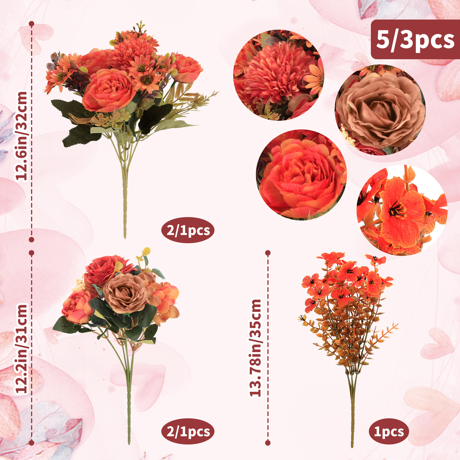 PapakeNook 5 Bunches of Artificial Flowers,Burnt Orange Silk Artificial Rose,Pompom and Small Daisy Flowers, Fall Decorations for Home,Wedding,Garden,Party,Table Bouquet Centerpiece