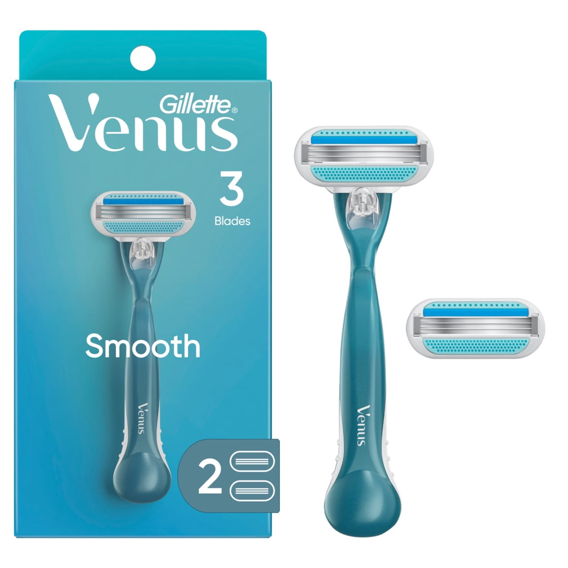 Venus Smooth Razor for Women, 3 Blades, Manual Razor, Handle and 2 Blade Refills, Blue